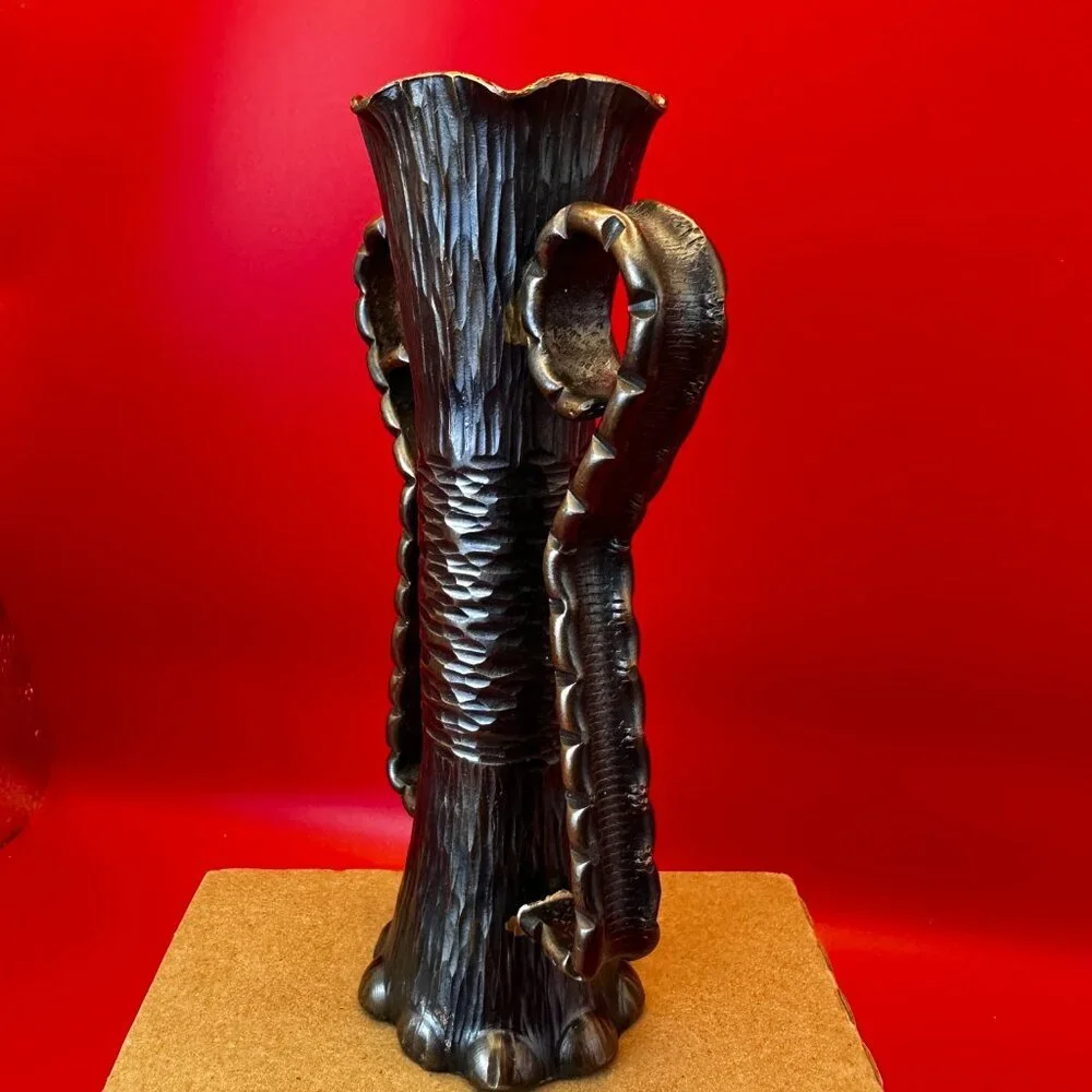 VINTAGE BRONZE VASE, TEXTURED SURFACE AND STYLIZED HANDLES - Picture 2 of 9